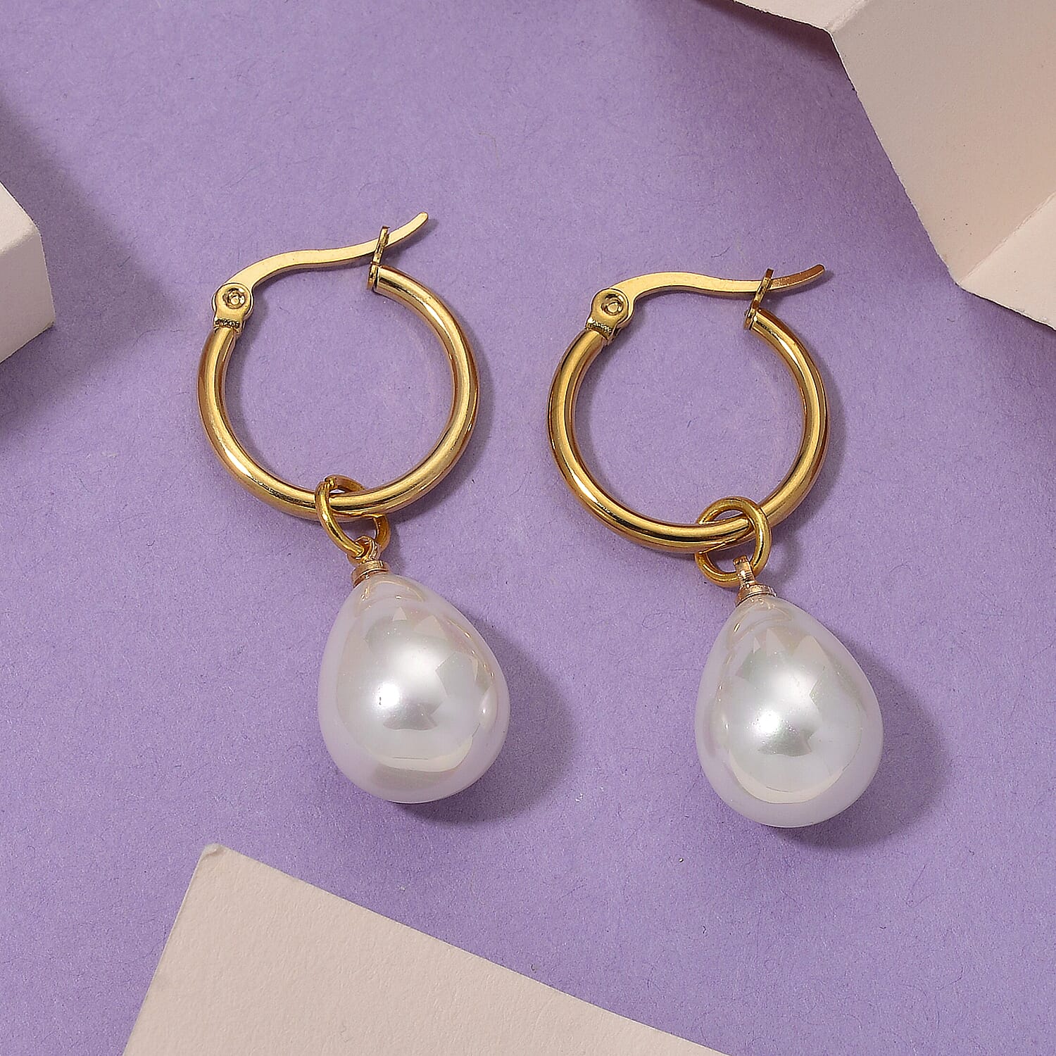 White Shell Pearl Drop Hoop Earrings in Yellow Gold Plated 30.00 Ct.