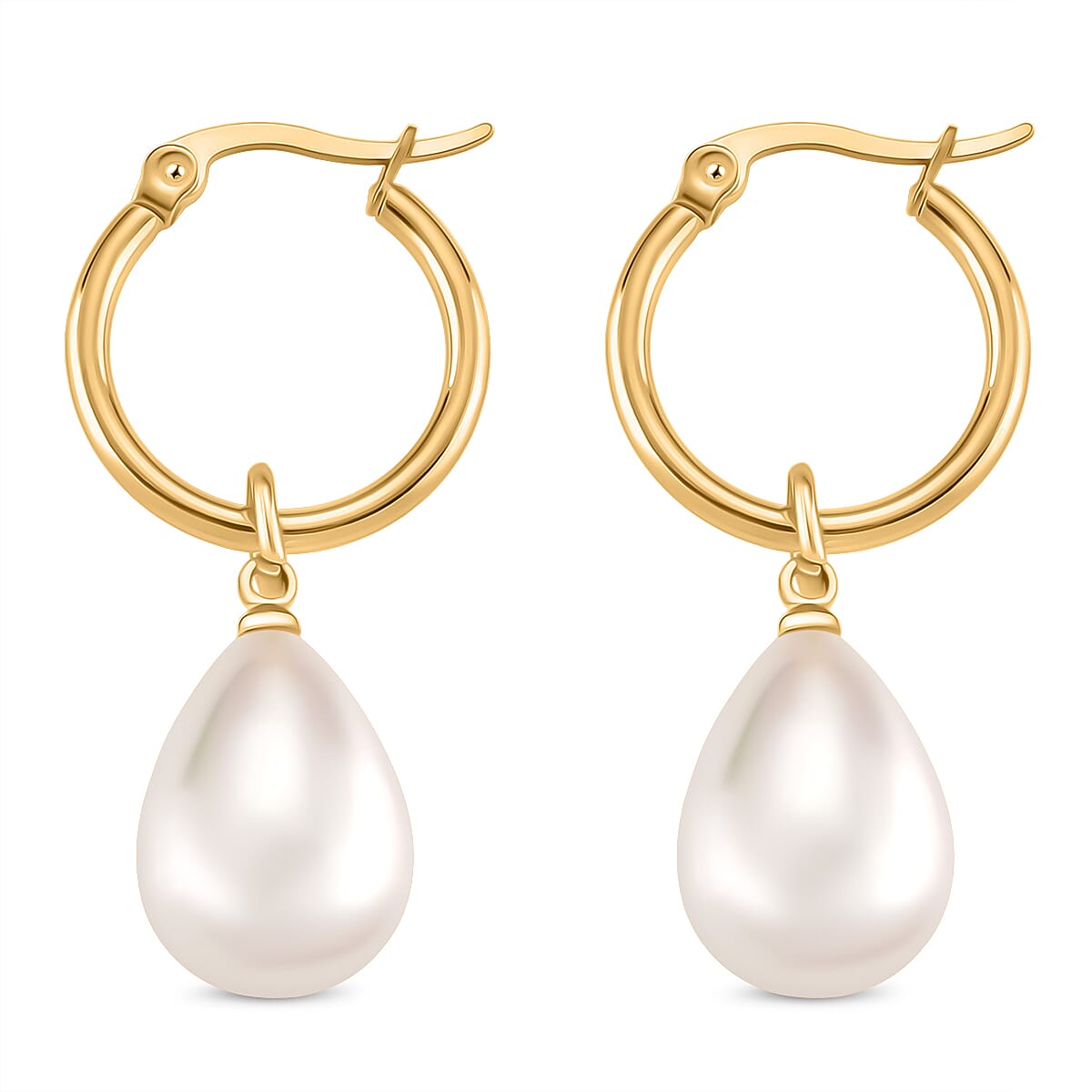 White Shell Pearl Drop Hoop Earrings in Yellow Gold Plated 30.00 Ct.