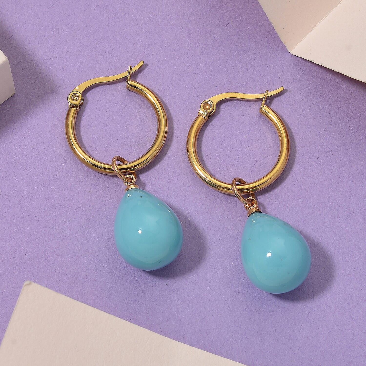 Sleeping Beauty Turquoise Colour Shell Pearl Drop Hoop Earrings in Yellow Gold Plated 30.00 Ct.