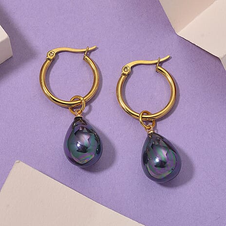 Peacock Colour Shell Pearl Drop Hoop Earrings in Yellow Gold Plated 30.00 Ct.