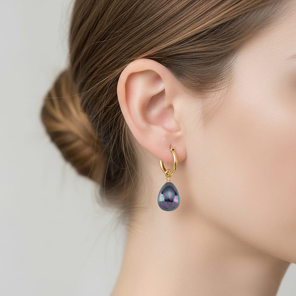 Peacock Colour Shell Pearl Drop Hoop Earrings in Yellow Gold Plated 30.00 Ct.