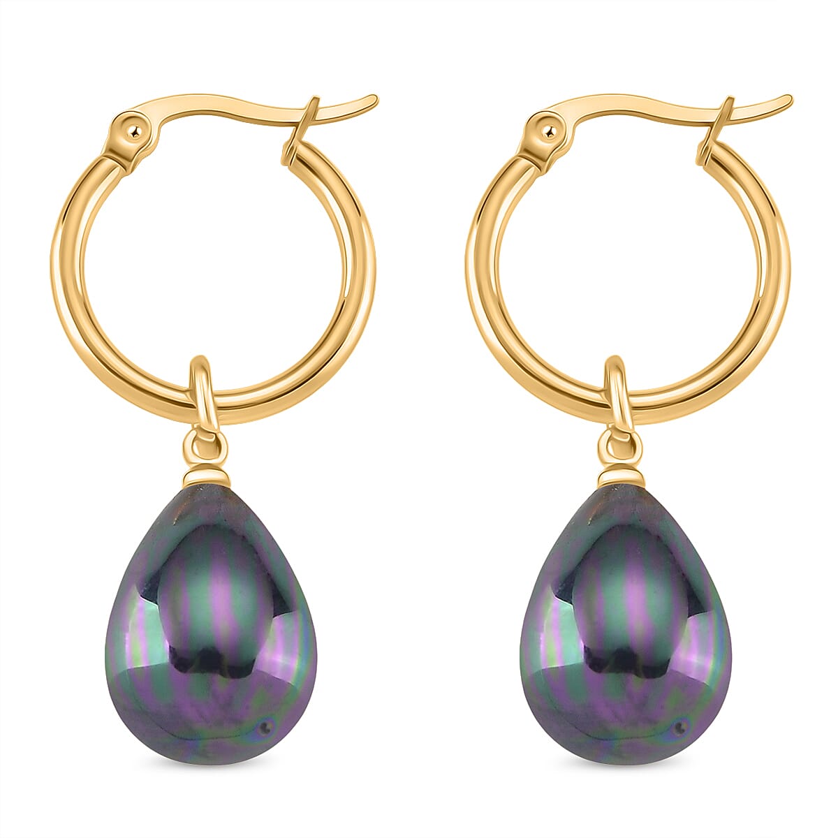 Peacock Colour Shell Pearl Drop Hoop Earrings in Yellow Gold Plated 30.00 Ct.