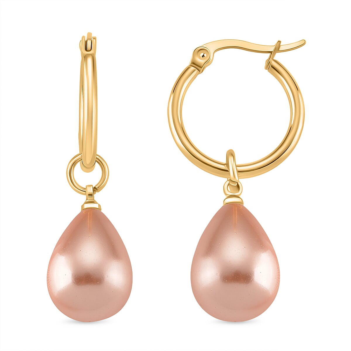 Peach Shell Pearl Drop Hoop Earrings in Yellow Gold Plated 30.00 Ct.