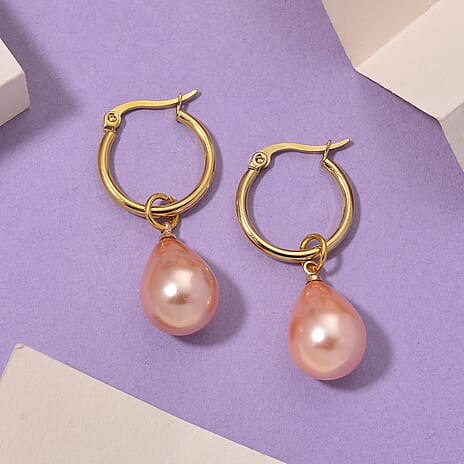 Peach Shell Pearl Drop Hoop Earrings in Yellow Gold Plated 30.00 Ct.