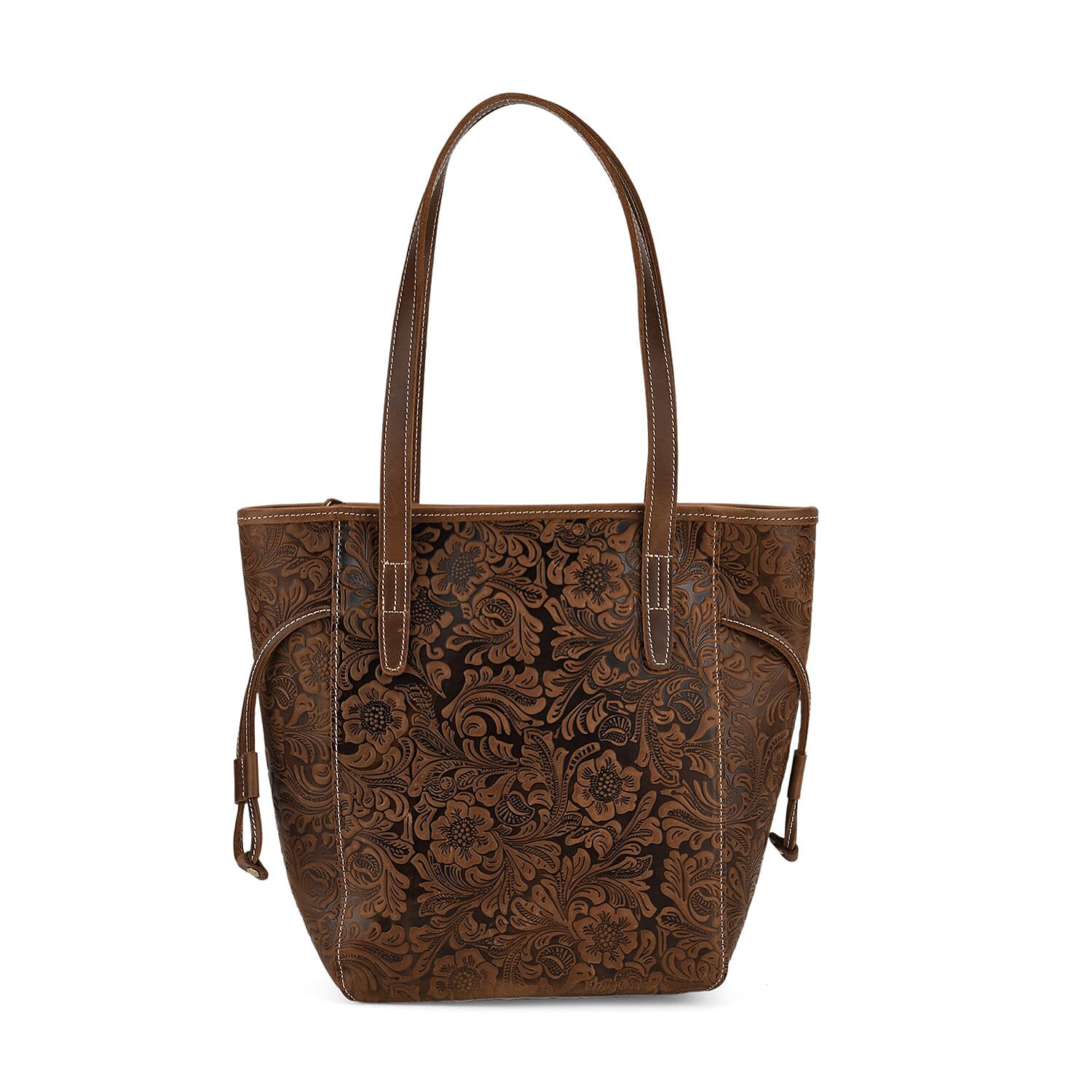 100% Geniune Leather Floral Embossed Tote Bag - Brown