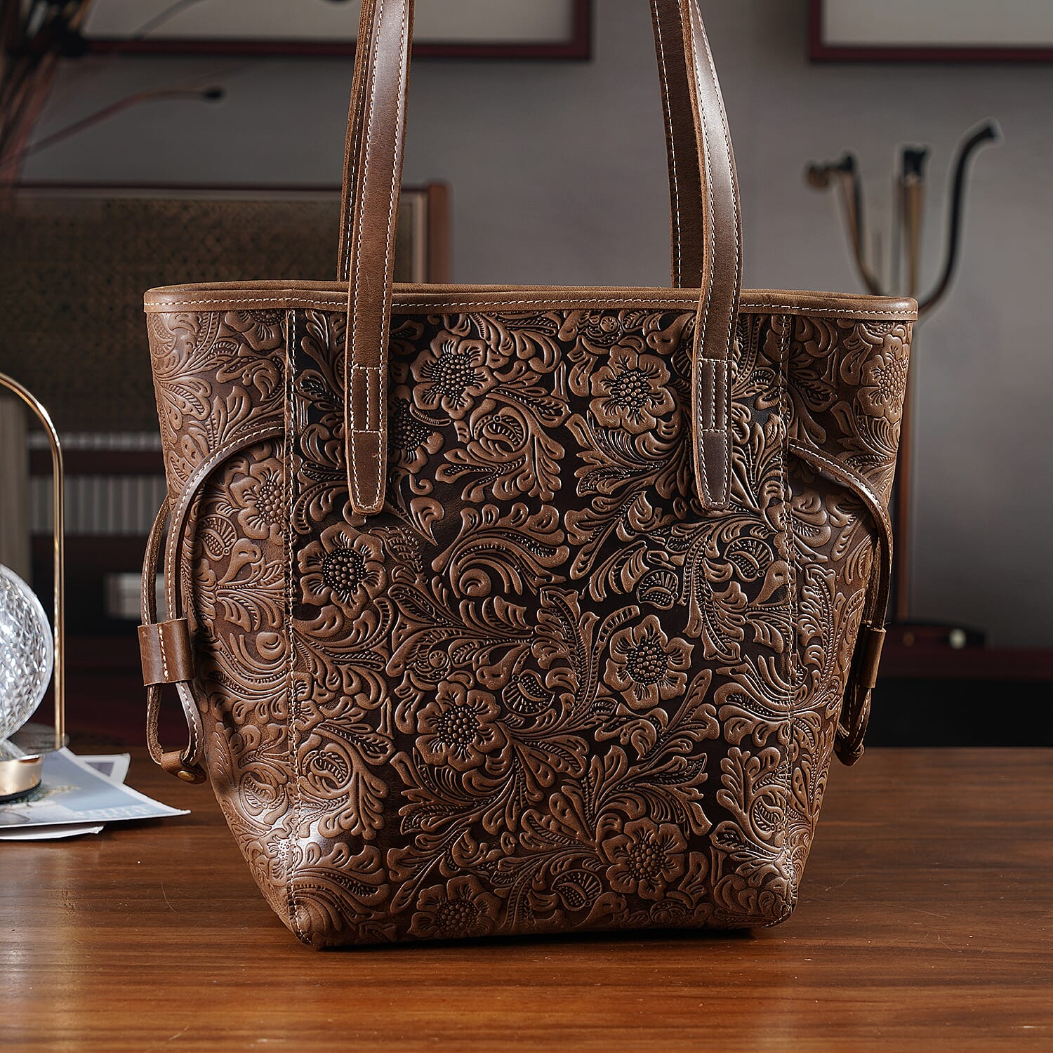 100% Geniune Leather Floral Embossed Tote Bag - Brown