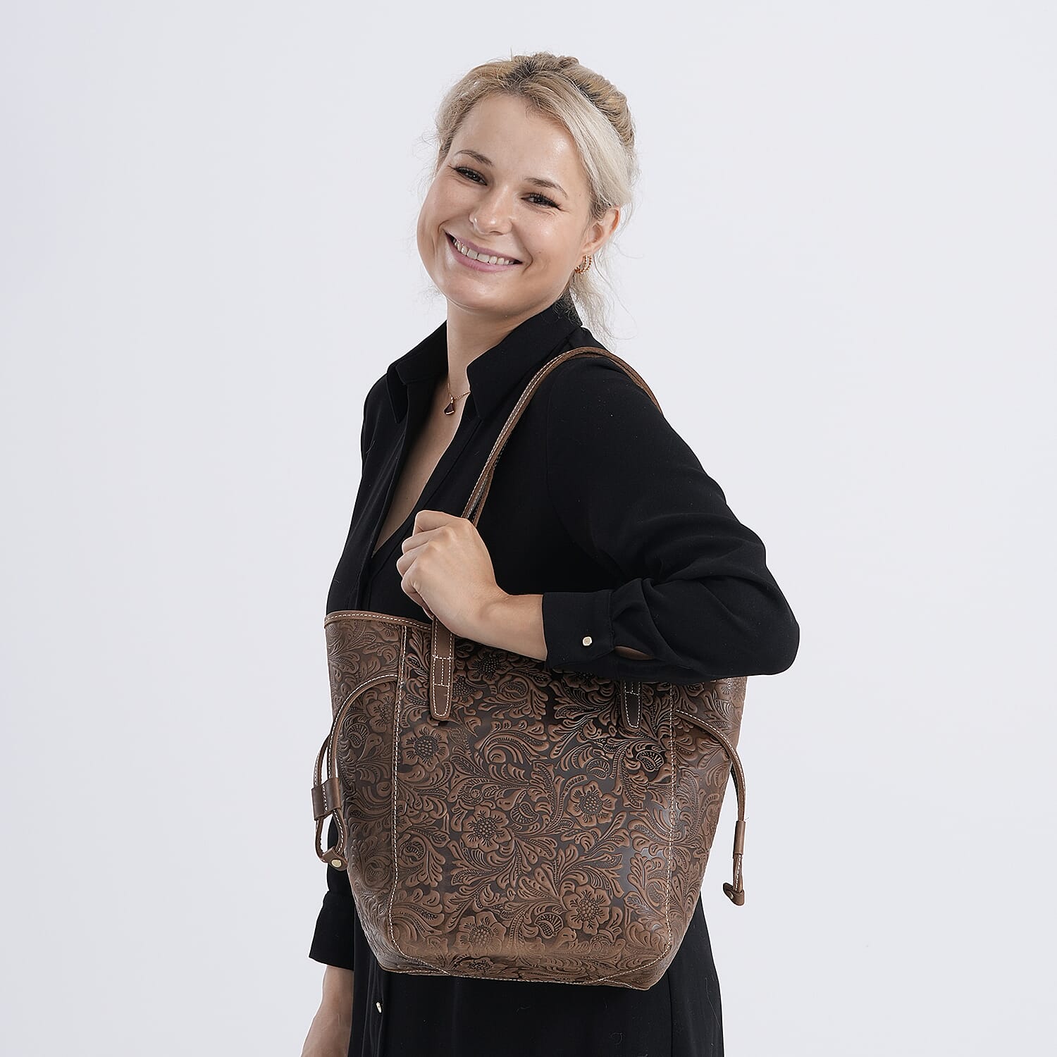 100% Geniune Leather Floral Embossed Tote Bag - Brown