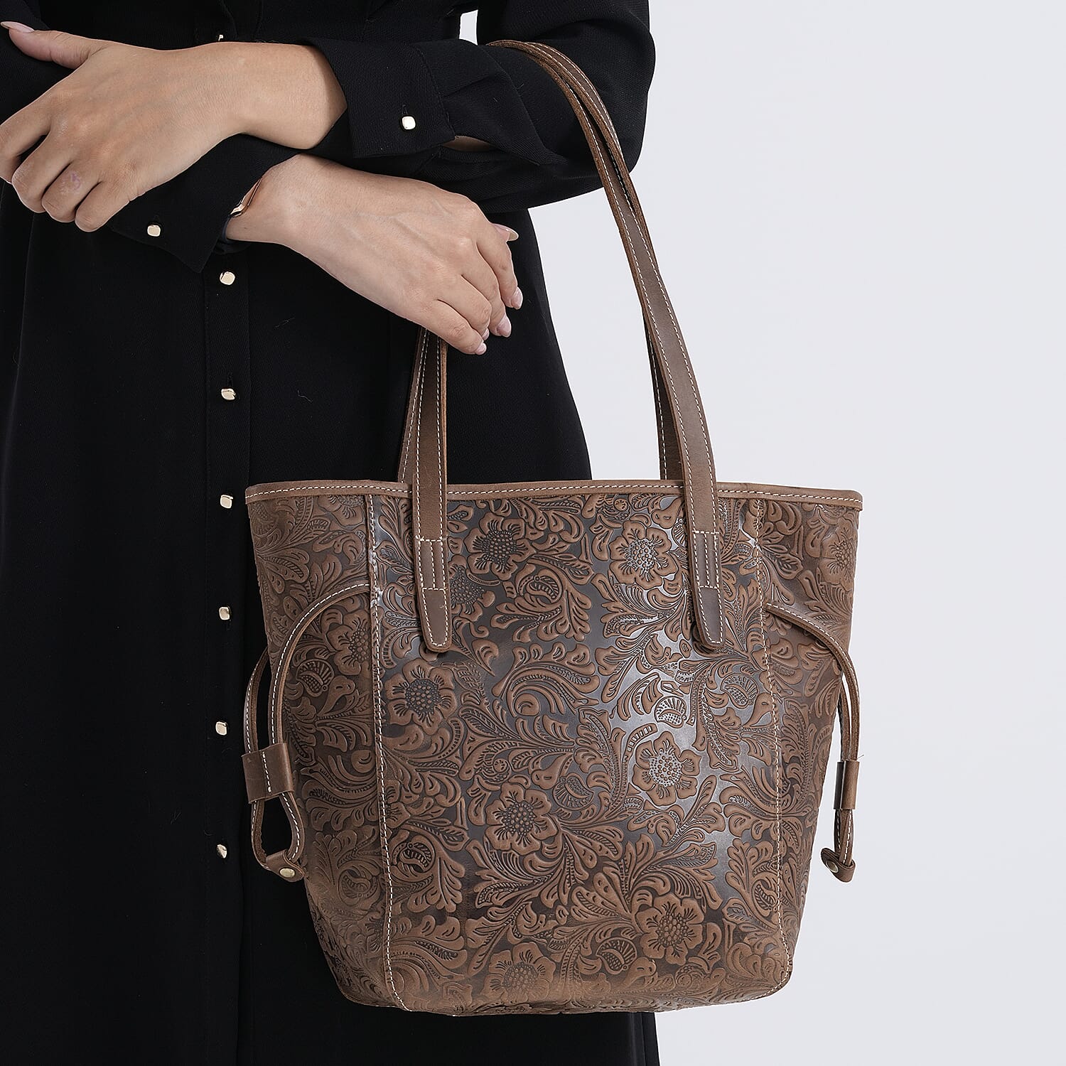 100% Geniune Leather Floral Embossed Tote Bag - Brown
