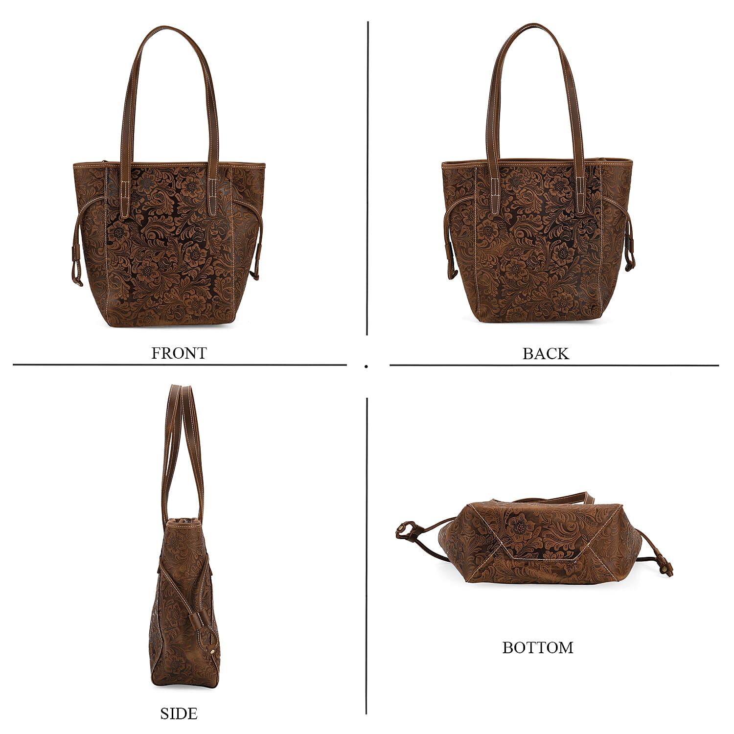 100% Geniune Leather Floral Embossed Tote Bag - Brown