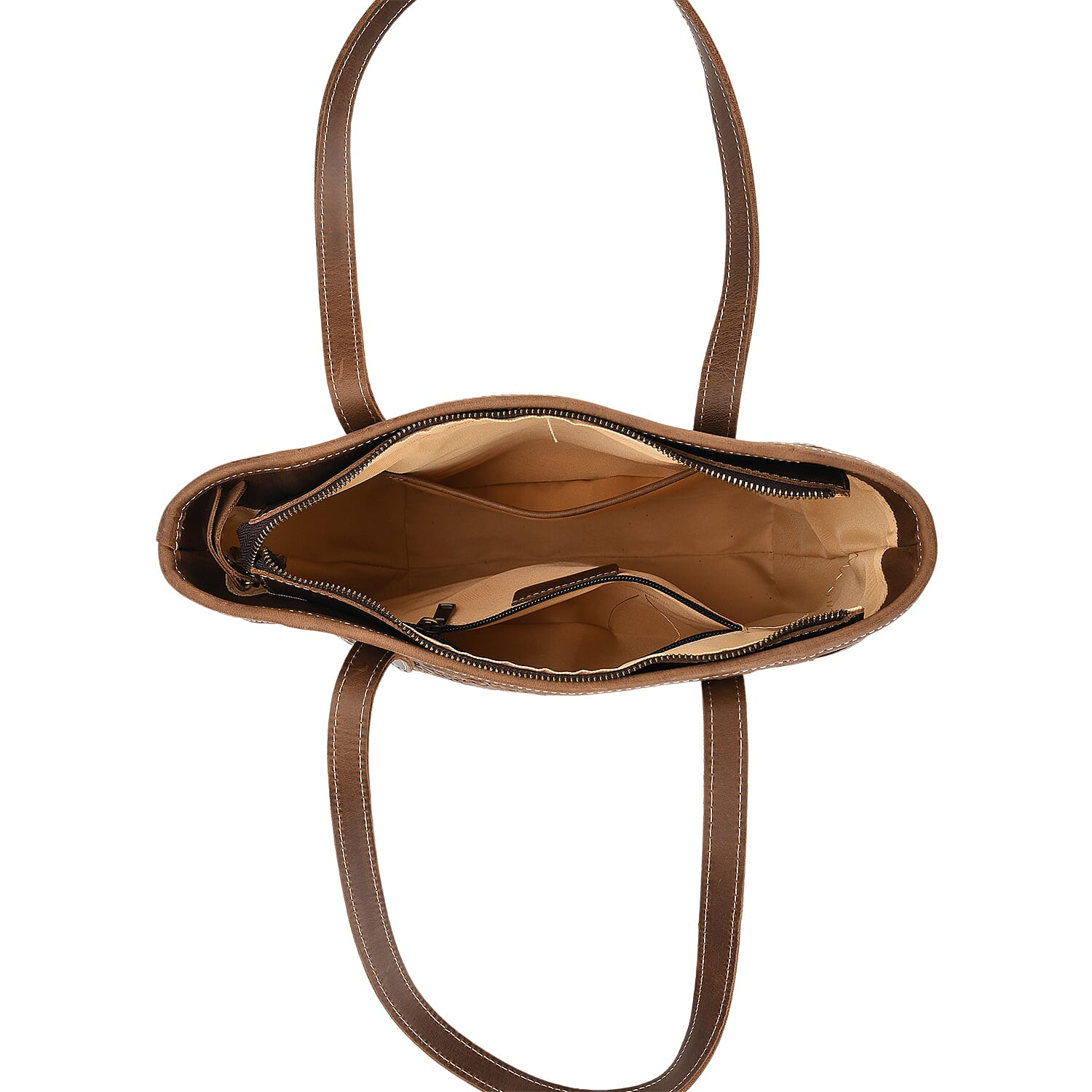 100% Geniune Leather Floral Embossed Tote Bag - Brown