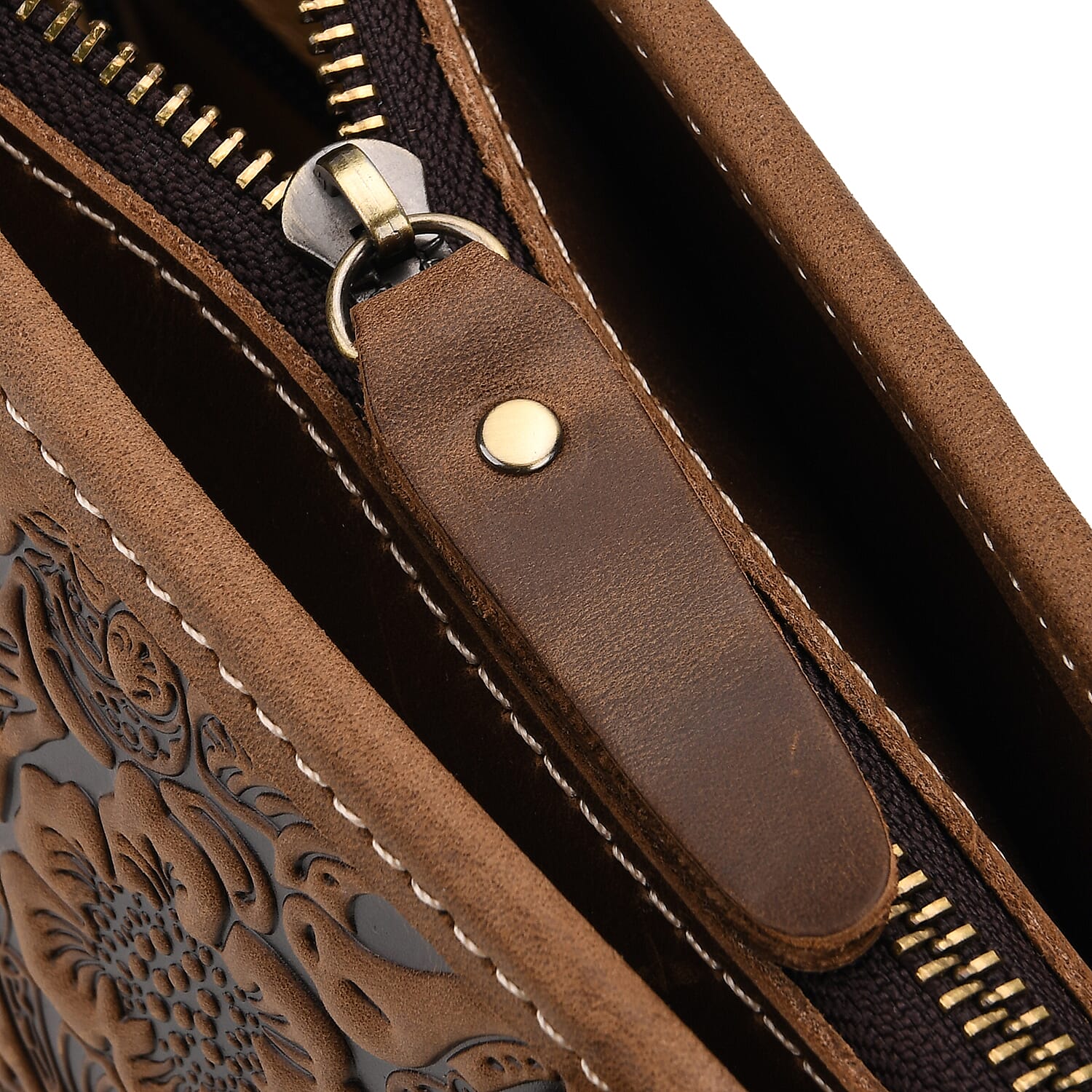 100% Geniune Leather Floral Embossed Tote Bag - Brown