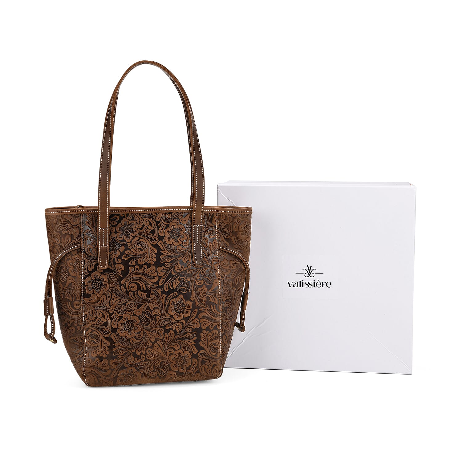 100% Geniune Leather Floral Embossed Tote Bag - Brown