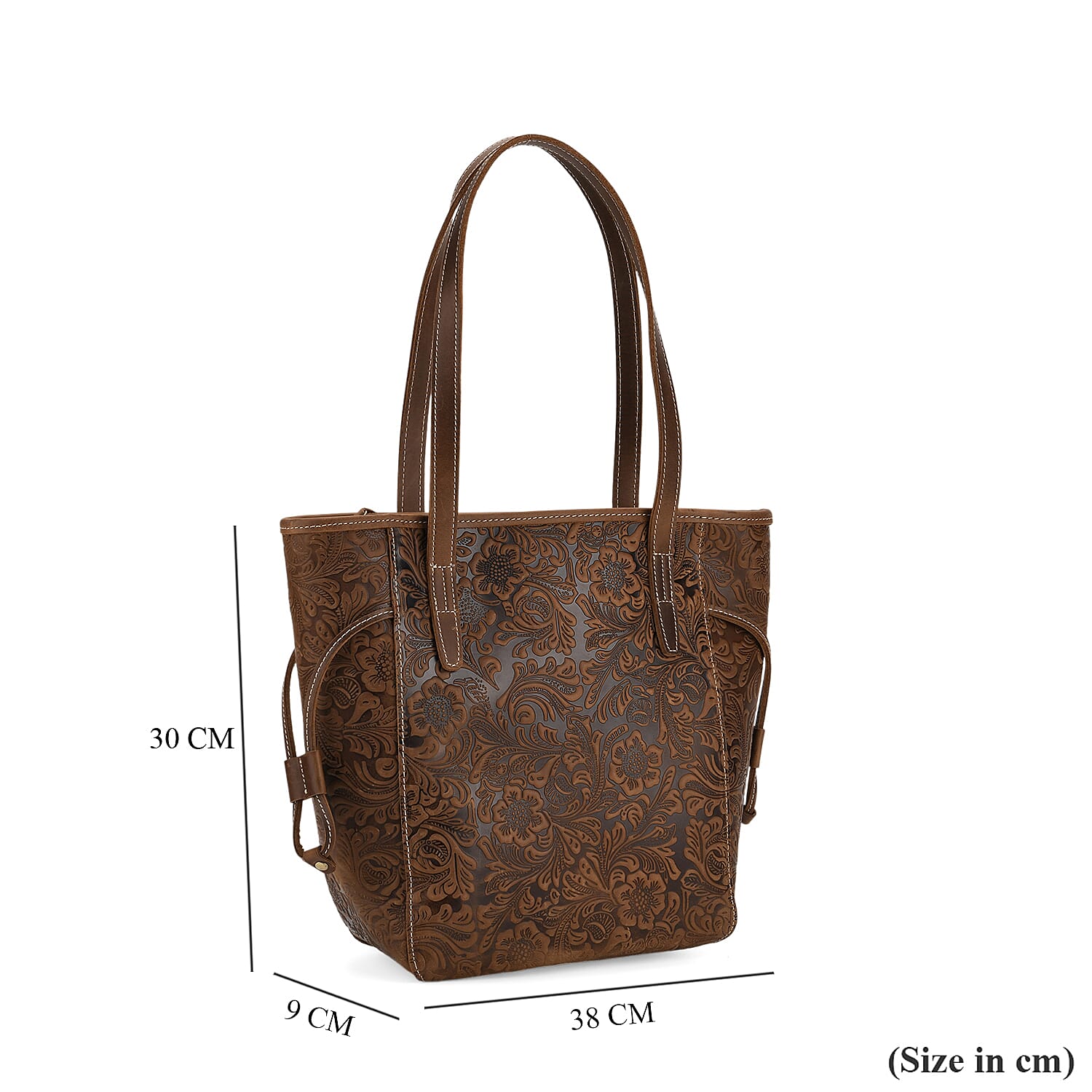100% Geniune Leather Floral Embossed Tote Bag - Brown