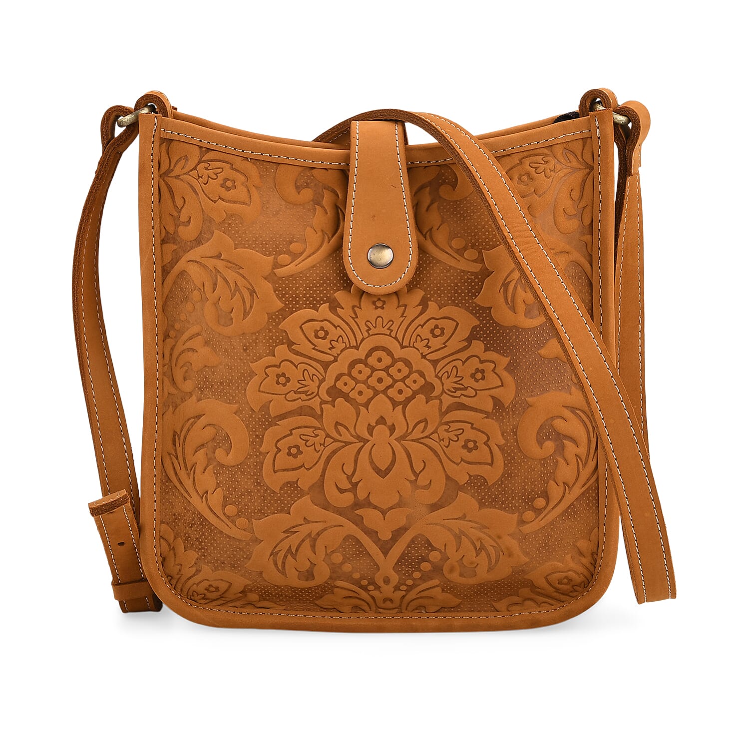 Genuine Leather Crossbody Bag with Embossed Floral Brocade - Tan