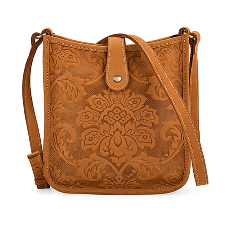 Genuine Leather Crossbody Bag with Embossed Floral Brocade - Tan