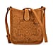 Genuine Leather Crossbody Bag with Embossed Floral Brocade - Tan
