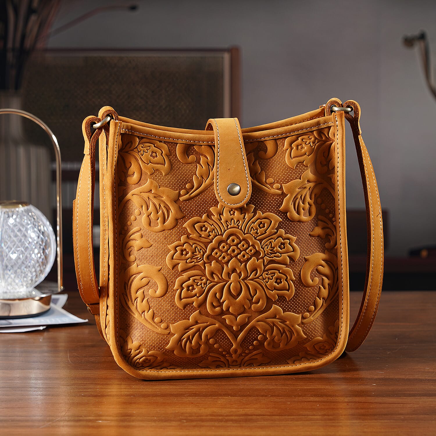 Genuine Leather Crossbody Bag with Embossed Floral Brocade - Tan