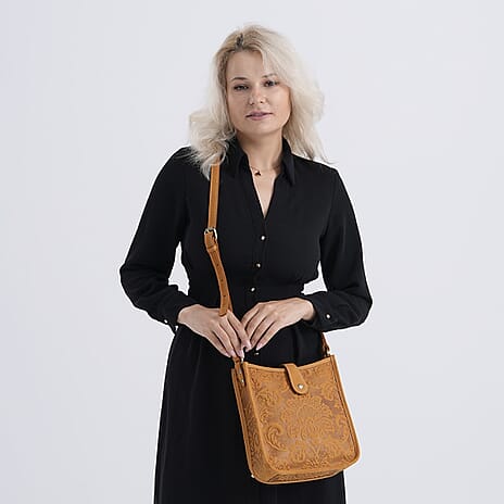 Genuine Leather Crossbody Bag with Embossed Floral Brocade - Tan