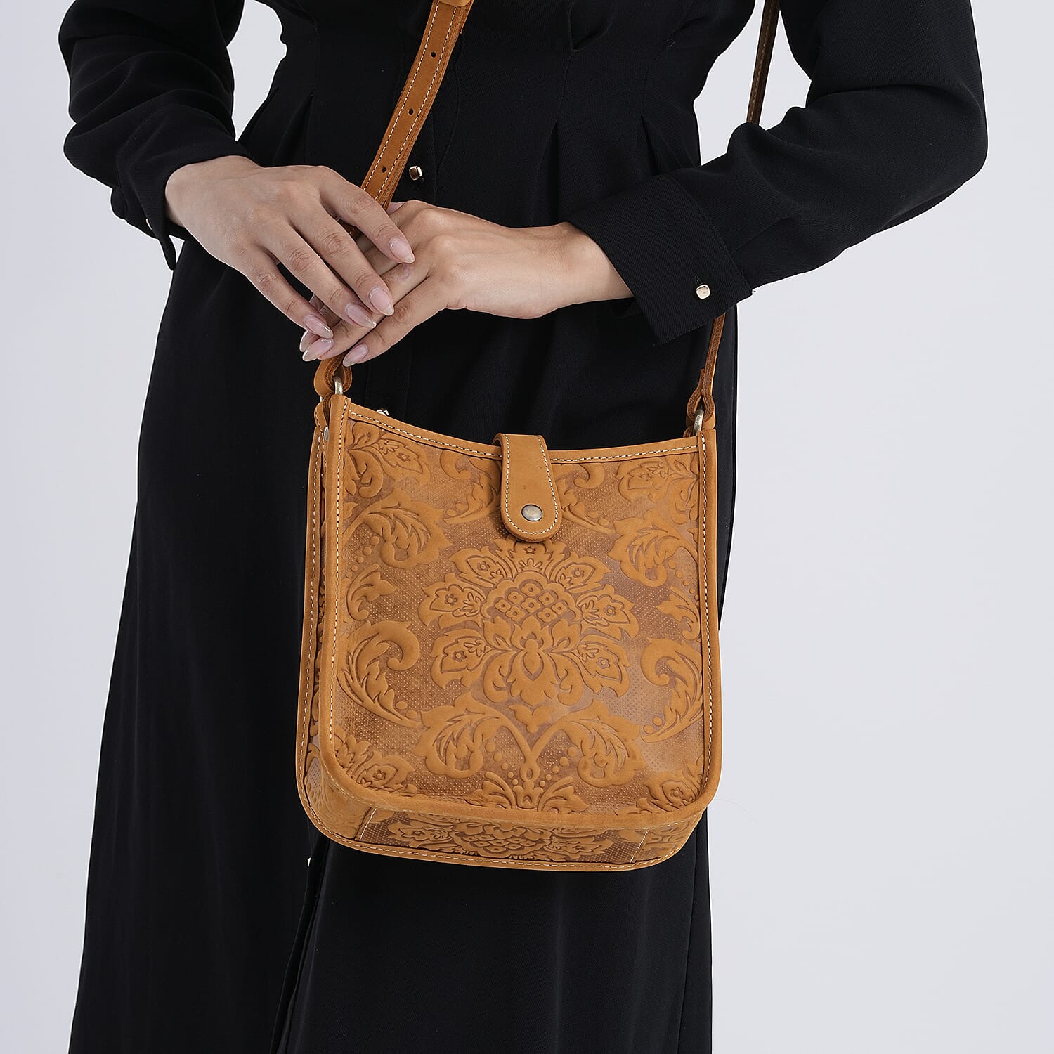 Genuine Leather Crossbody Bag with Embossed Floral Brocade - Tan