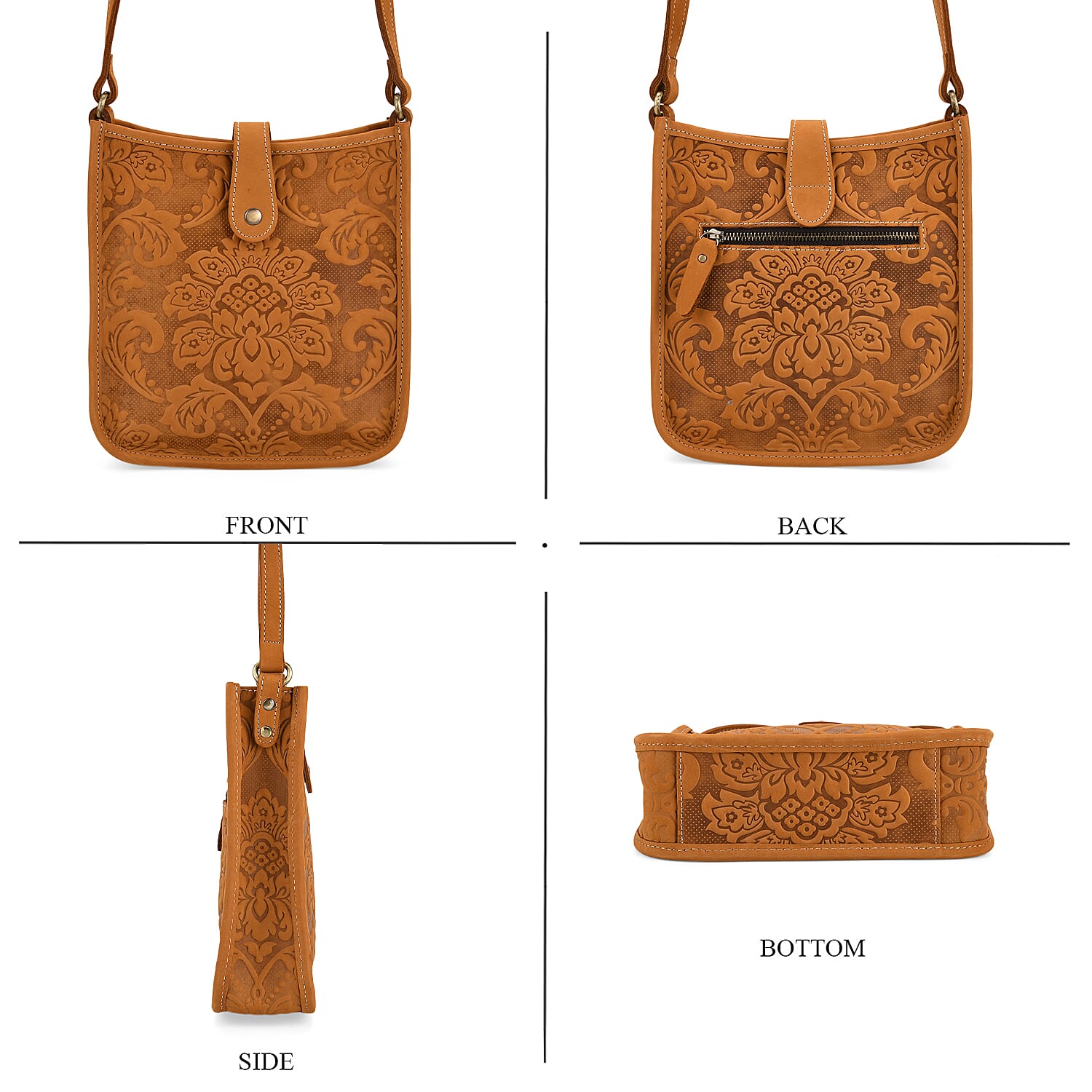 Genuine Leather Crossbody Bag with Embossed Floral Brocade - Tan