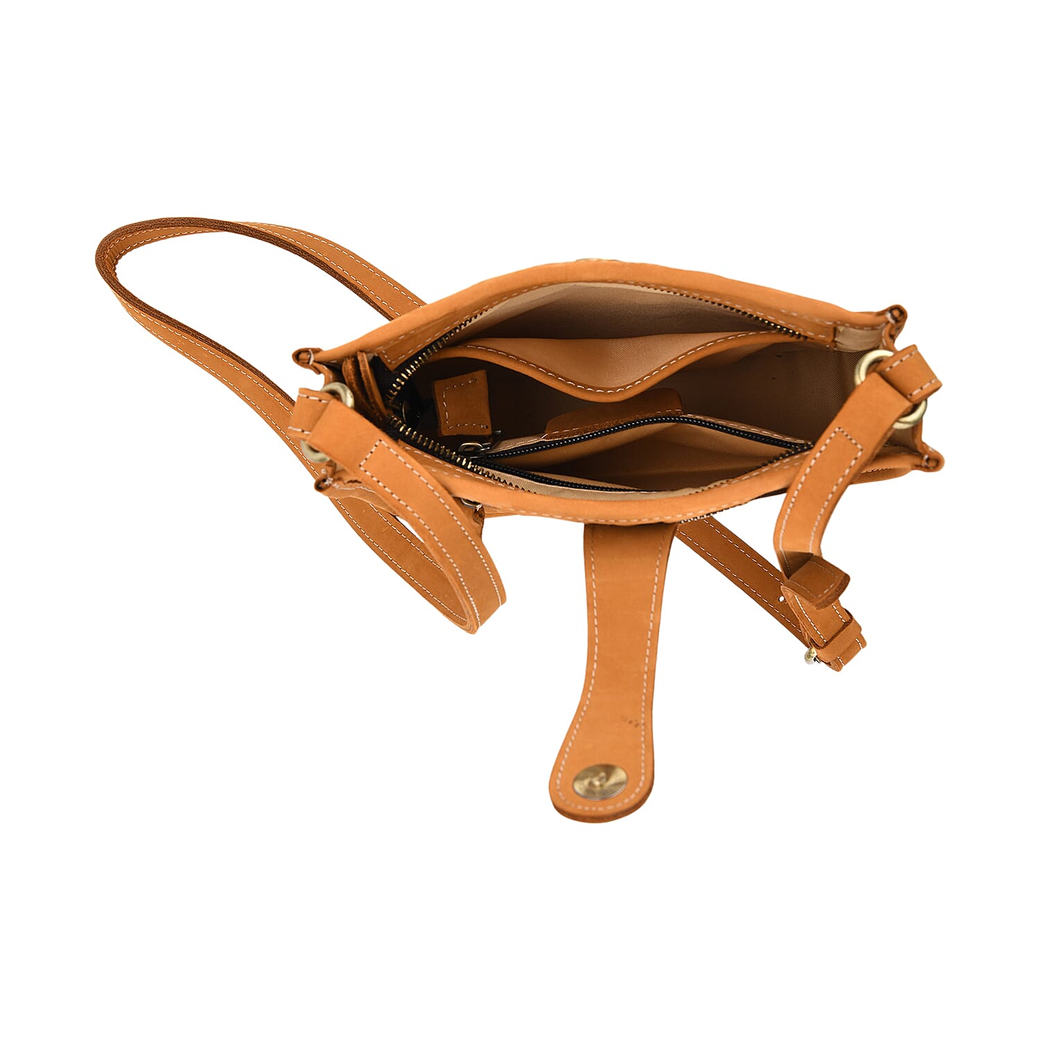 Genuine Leather Crossbody Bag with Embossed Floral Brocade - Tan