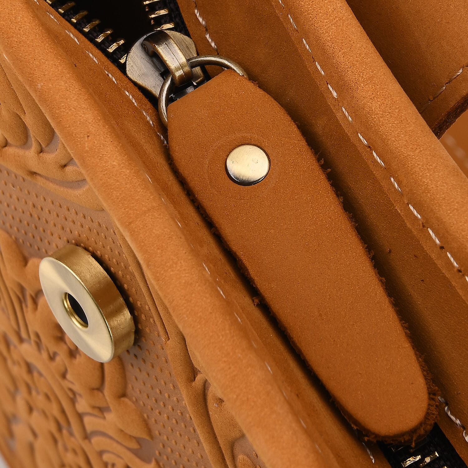 Genuine Leather Crossbody Bag with Embossed Floral Brocade - Tan