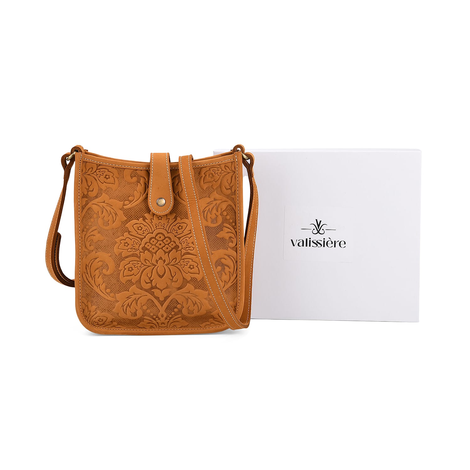 Genuine Leather Crossbody Bag with Embossed Floral Brocade - Tan