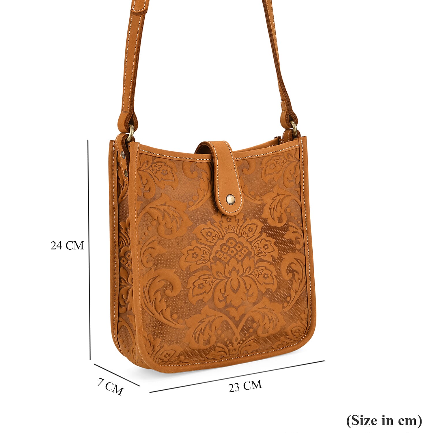 Genuine Leather Crossbody Bag with Embossed Floral Brocade - Tan