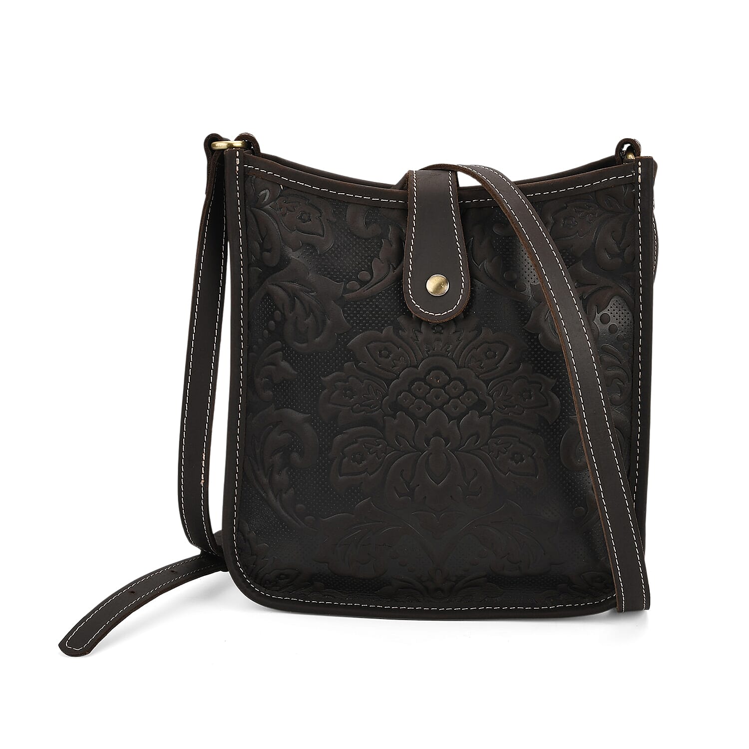 Genuine Leather Crossbody Bag with Embossed Floral Brocade - Black