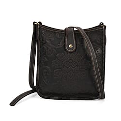 Genuine Leather Crossbody Bag with Embossed Floral Brocade - Red