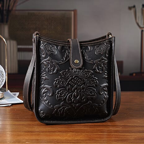 Genuine Leather Crossbody Bag with Embossed Floral Brocade - Black