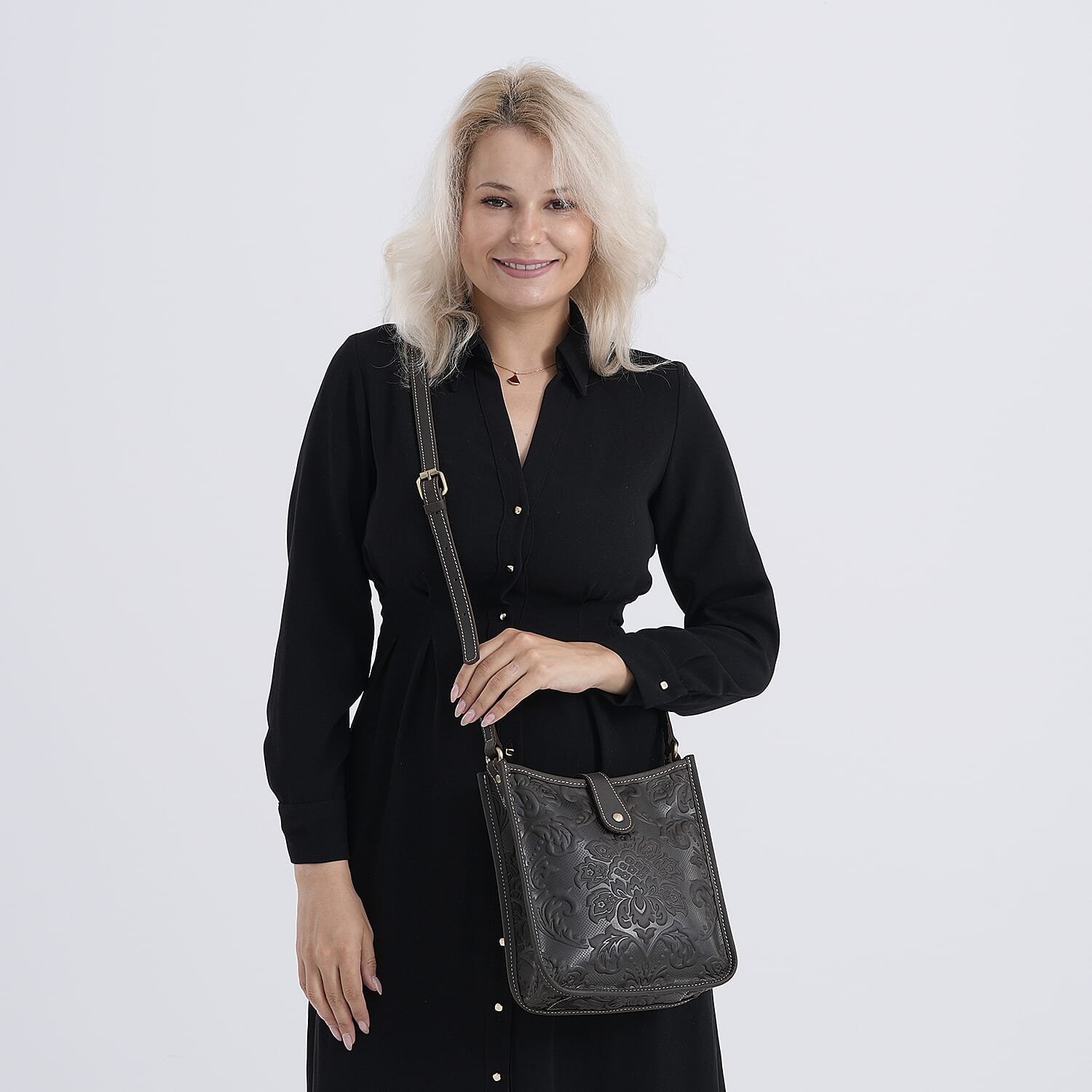 Genuine Leather Crossbody Bag with Embossed Floral Brocade - Black