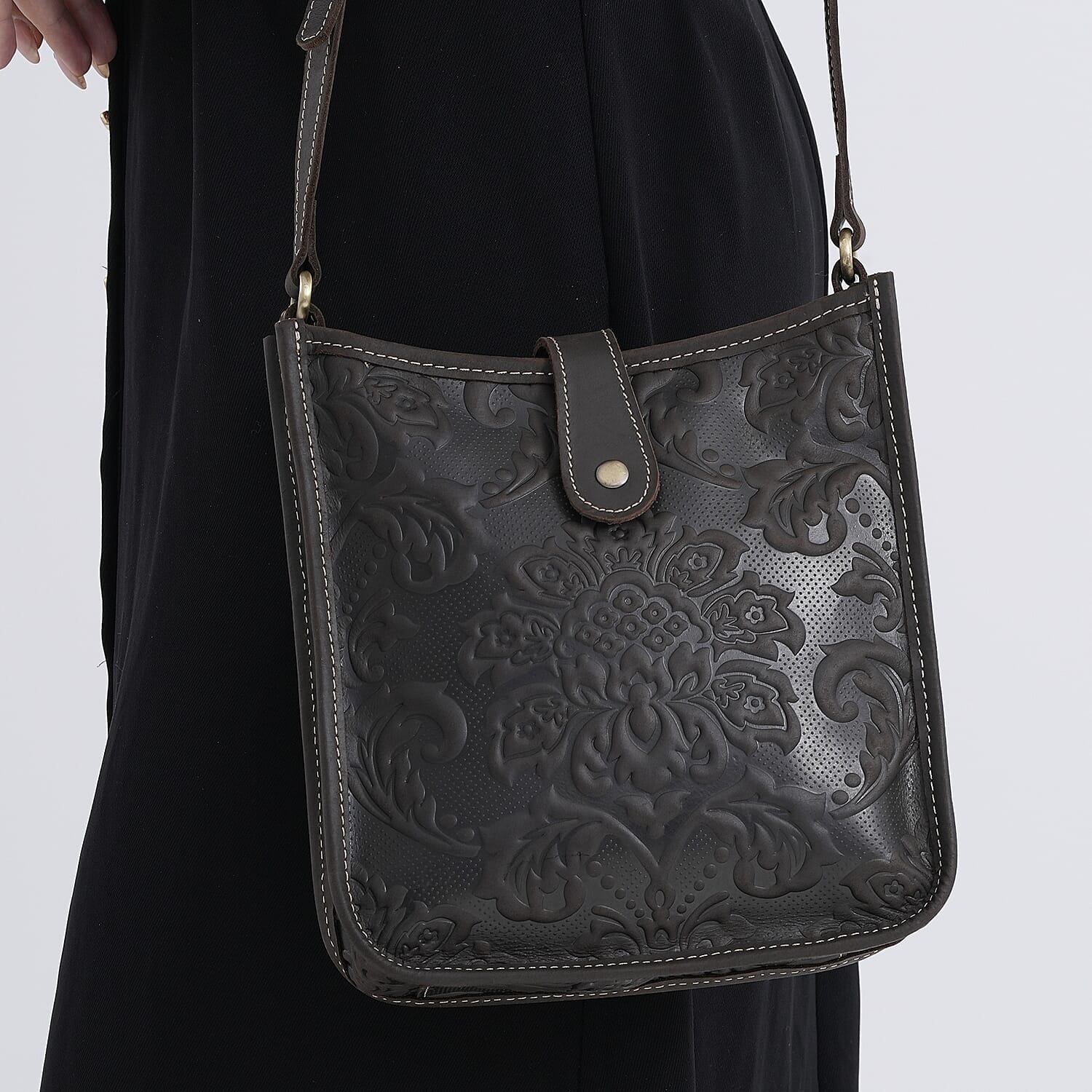Genuine Leather Crossbody Bag with Embossed Floral Brocade - Black