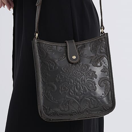 Genuine Leather Crossbody Bag with Embossed Floral Brocade - Black