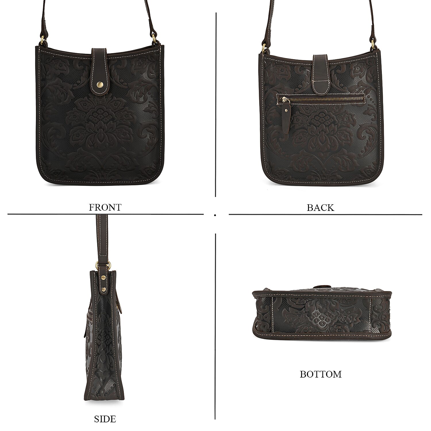 Genuine Leather Crossbody Bag with Embossed Floral Brocade - Black