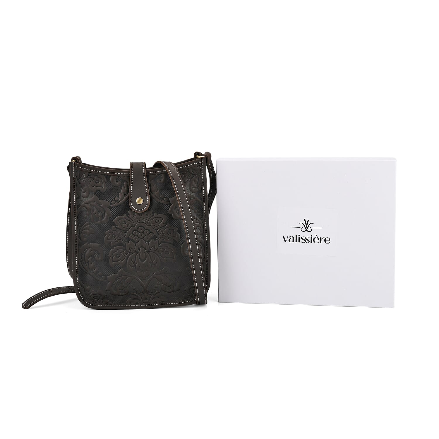 Genuine Leather Crossbody Bag with Embossed Floral Brocade - Black