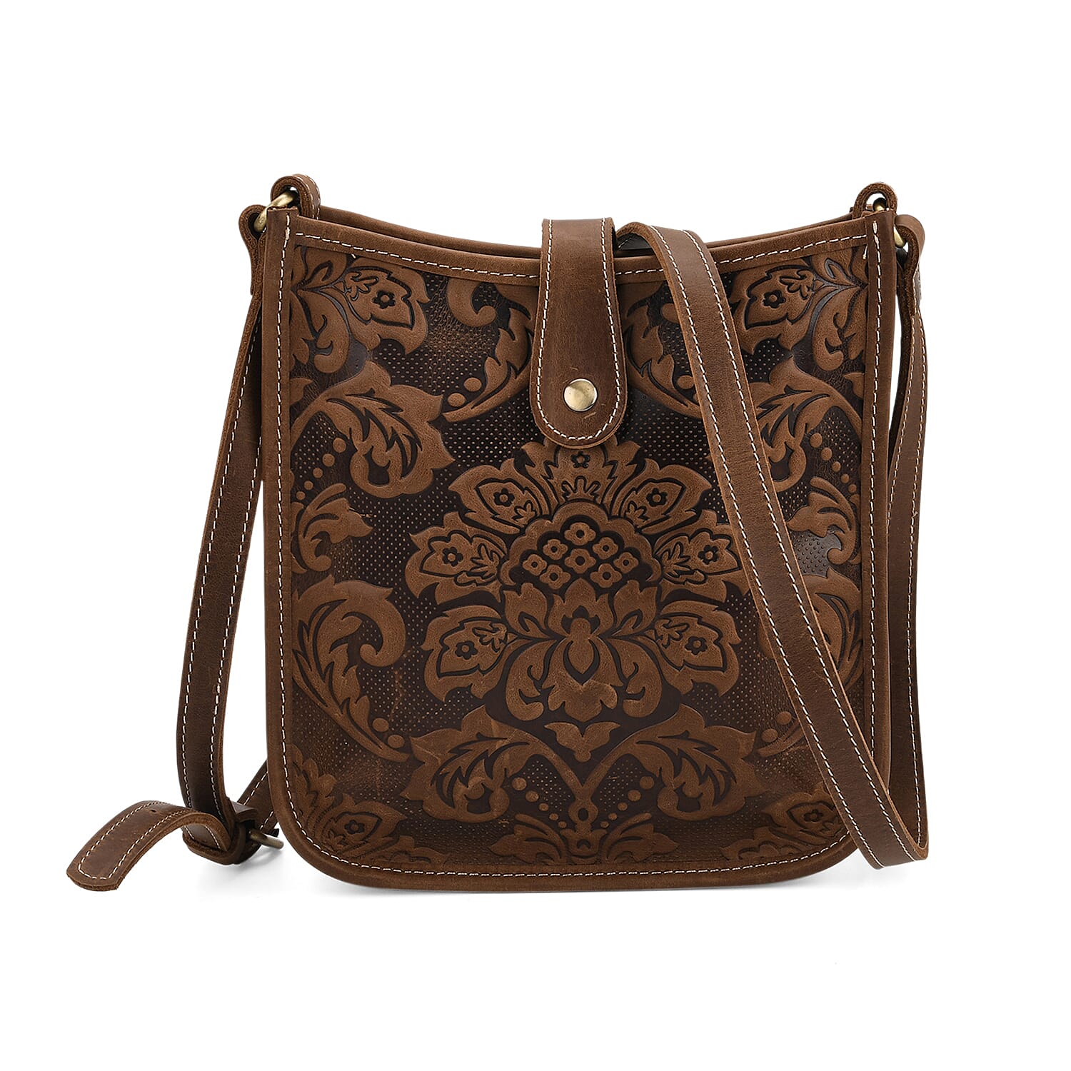 Genuine Leather Crossbody Bag with Embossed Floral Brocade - Dark Brown
