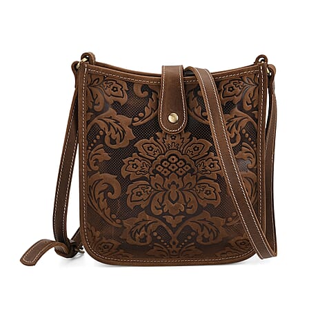 Genuine Leather Crossbody Bag with Embossed Floral Brocade - Dark Brown