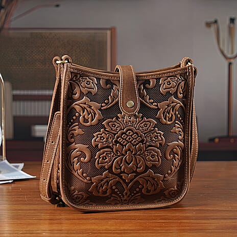Genuine Leather Crossbody Bag with Embossed Floral Brocade - Dark Brown