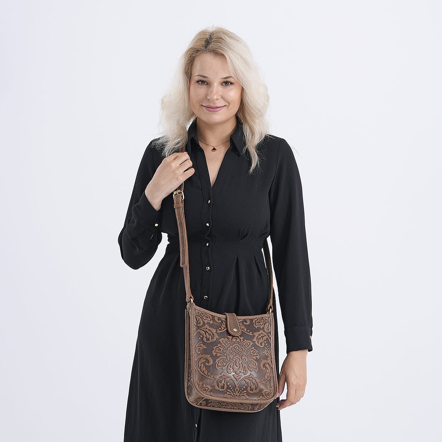 Genuine Leather Crossbody Bag with Embossed Floral Brocade - Dark Brown