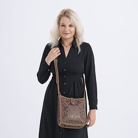 Genuine Leather Crossbody Bag with Embossed Floral Brocade - Dark Brown