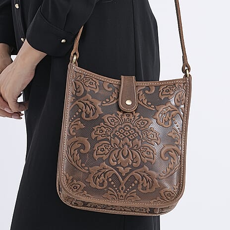 Genuine Leather Crossbody Bag with Embossed Floral Brocade - Dark Brown