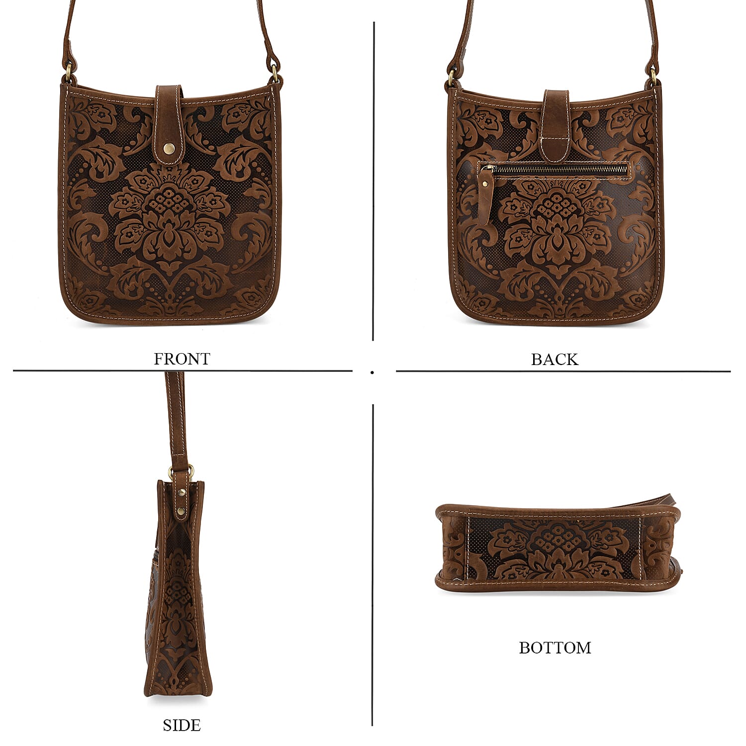 Genuine Leather Crossbody Bag with Embossed Floral Brocade - Dark Brown