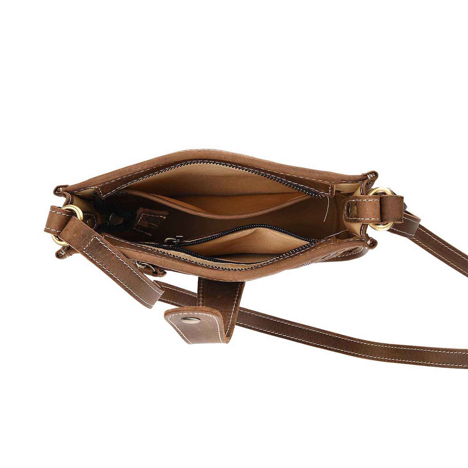 Genuine Leather Crossbody Bag with Embossed Floral Brocade - Dark Brown