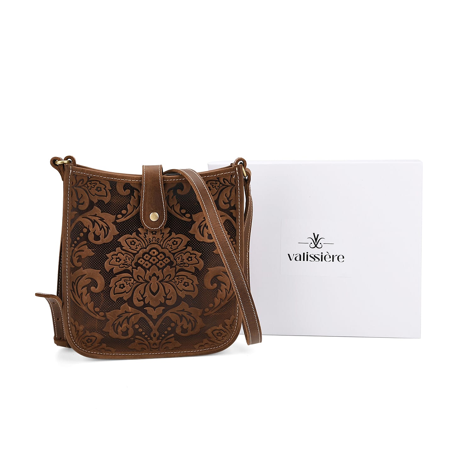 Genuine Leather Crossbody Bag with Embossed Floral Brocade - Dark Brown