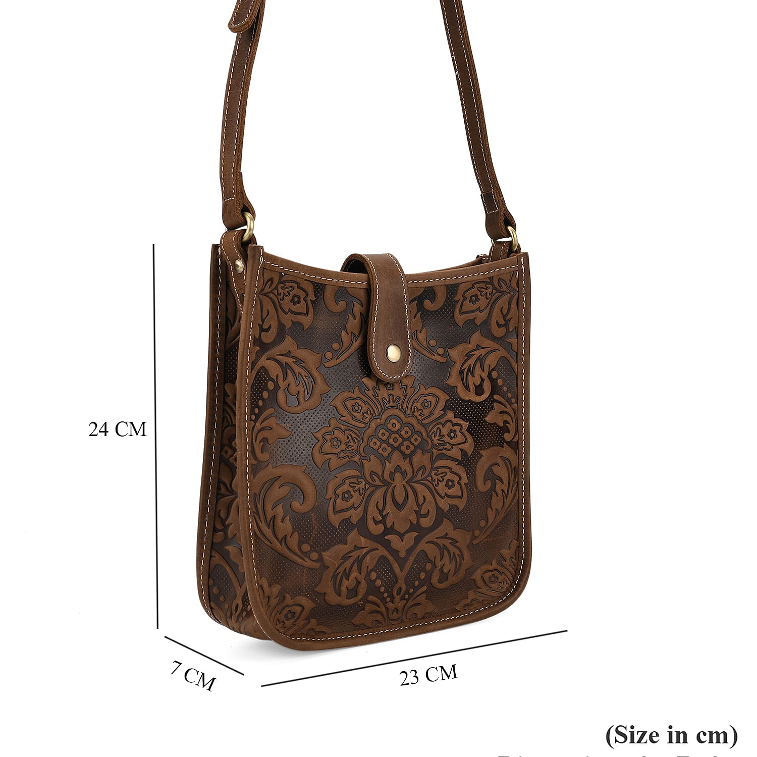 Genuine Leather Crossbody Bag with Embossed Floral Brocade - Dark Brown