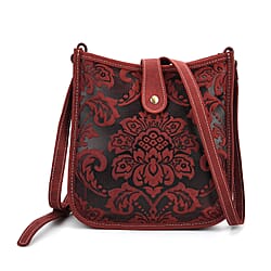 Genuine Leather Crossbody Bag with Embossed Floral Brocade - Red