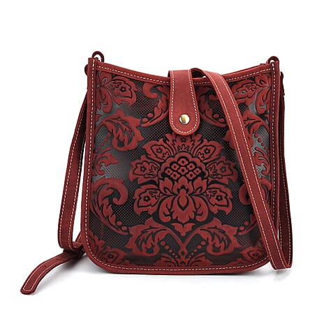 Genuine Leather Crossbody Bag with Embossed Floral Brocade - Red