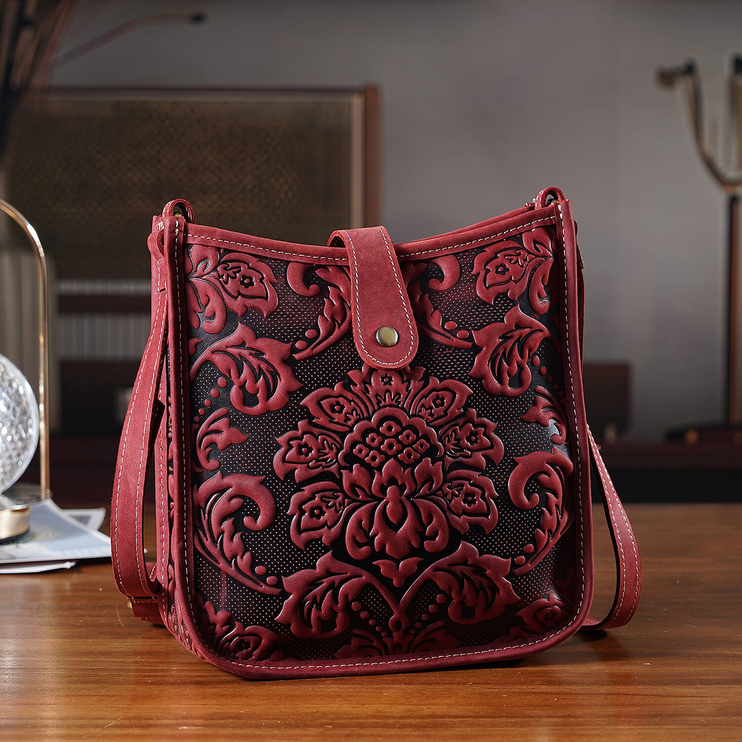 Genuine Leather Crossbody Bag with Embossed Floral Brocade - Red