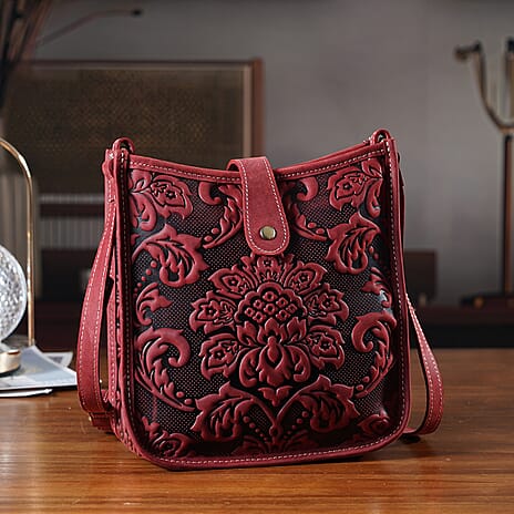Genuine Leather Crossbody Bag with Embossed Floral Brocade - Red